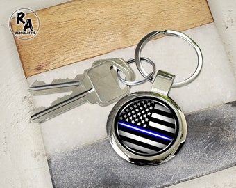 Thin Blue & White Line Flag EMS Keychain - Custom Keyring - Emergency Services - First Responder - Personalized Gift - Company Gift