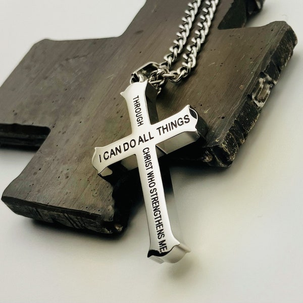 Men's faith cross necklace ,  2 sided cross, Gold, silver and black, Philippians 4:13, Cross necklace mens, gifts for him, recovery gift