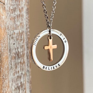 Faith necklace woman, Dangling, The Eternity circle pendant.  John 3:16 Believe Religious necklace, Womans gift, Christian necklace