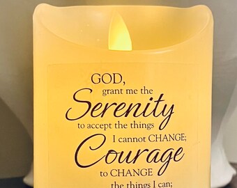 Flickering flameless wax candles, Serenity prayer, He is risen, Philippians 4 13 Inspirational candles. Chrisitan gift *Batteries included