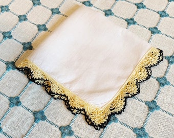 White Handkerchief w/ Yellow + Black Crocheted Trim