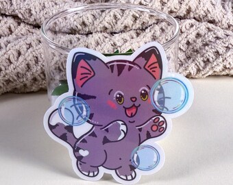 Gray Tabby Bubble Bath Vinyl Sticker, 3 Inch, Waterproof Cat Sticker, Holographic, Water Bottle, Journal & Planner Sticker