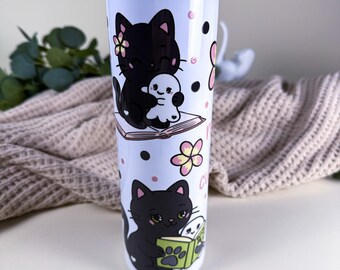 Ghost and Cat Read Sip Cuddle Tumbler, 30 oz Tall Skinny, Bookish Cup