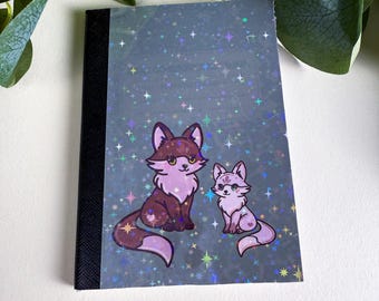 Mini Fox Pair Woodland Composition Notebook, 120 Pages, Holographic, College Ruled, Pocket Journal