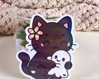 Spooky Cat and Ghost Vinyl Sticker, 3 Inch, Holographic, Halloween Cat Decal, Water Bottle, Journal & Planner Sticker