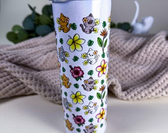 Tropical Cats Tumbler, 20 oz Stainless Steel, Holographic White, Floral Cat Cup
