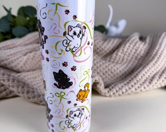 Ribbon Cats Tumbler, 20 oz Holographic White Stainless Steel, Cat Lover Cup