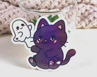 Cozy Cat Hugging Ghost Vinyl Sticker, 3 Inch, Holographic, Kawaii Spooky Decal, Water Bottle, Journal & Planner Sticker