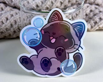Siamese Cat Bubble Bath Vinyl Sticker,3 Inch, Waterproof Cat Sticker, Holographic, Water Bottle, Journal & Planner Sticker