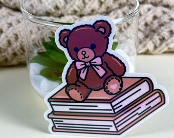 Teddy on Books Vinyl Sticker, 3 inch, Cozy Reader, Rainbow Holographic Waterproof Bear Sticker, Water Bottle, Journal & Planner Sticker