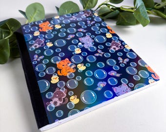 Bubbles, Butterflies, and Cats Holographic Composition Notebook, 160 Pages, College Ruled, Kawaii