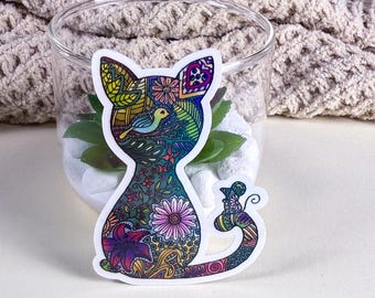 Cat and Mouse Mandala Vinyl Sticker, 3 Inch, Waterproof Cat Sticker, Holographic, Water Bottle, Journal & Planner Sticker