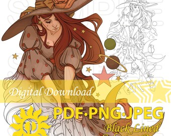 Cottagecore Witch Coloring Page: Celestial Cat Art (PDF PNG JPEG)
