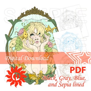 Mermaid Coloring Page for Adults Siren Water Nymph Illustration Instant Download Printable File PDF Gray Blue Black and Sepia Lined