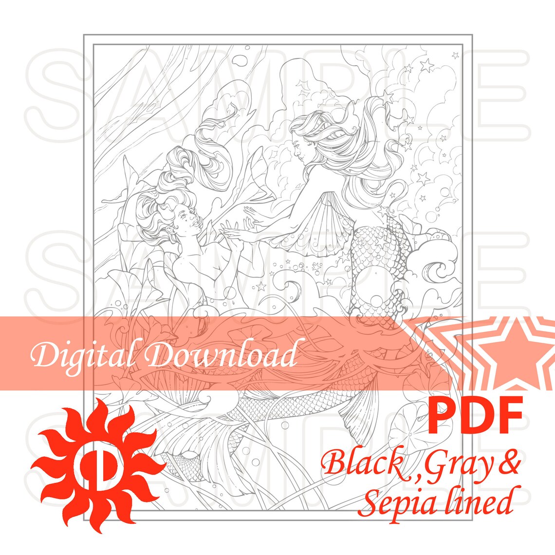 Flying Mermaid, Fantasy Mermaid Coloring Page, Mermaid Illustration ...