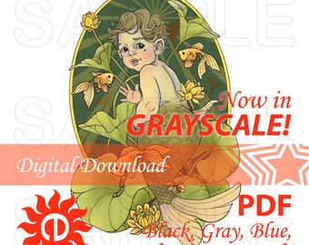 Merbaby Boy Coloring Page: Grayscale Mermaid Illustration (Printable PDF)