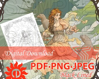 Mermaid's Cousin Coloring Page: Selkie & Seals Illustration (PDF PNG JPEG)
