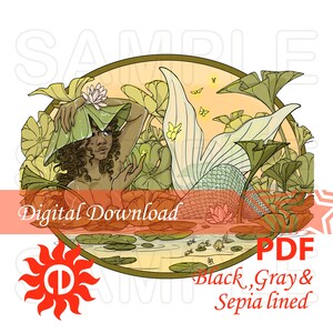 Mermaid Coloring Page Lily Pad Mermaid Printable Coloring Page  Digital Download Sepia Gray Black Line Art