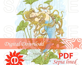Pond Mermaid Coloring Page: Fantasy Illustration (PDF)