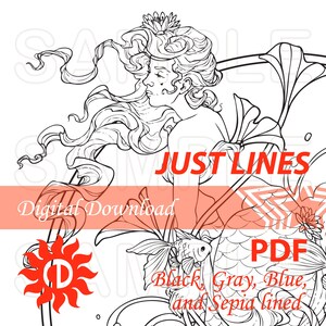 Lotus Mermaid Coloring Page Line Illustration Beautiful Siren Freshwater Mermaid Art Nouveau Goldfish Instant Download Printable File PDF
