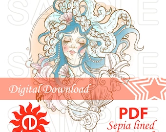 Art Nouveau Mermaid Coloring Page: Sepia & Grayscale (PDF)