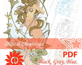 Mermaid and Frog Coloring Page: Fantasy Illustration (PDF Printable)