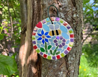 mosaic flowers and bee on slate to hang in the garden  or home, MADE TO ORDER.