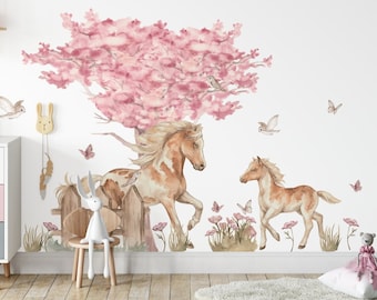 Naklejki na ścianę dla dziewczynki KONIE MOTYLE KWIATY / Wall stickers for girls horses butterflies flowers