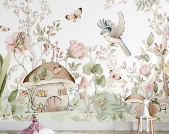 Princess wallpaper for girls room FLORAL BIRDS delicate pink