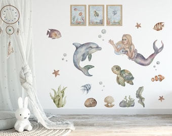 Mermaid wall stickers decals for girls room turtle fish dolphin