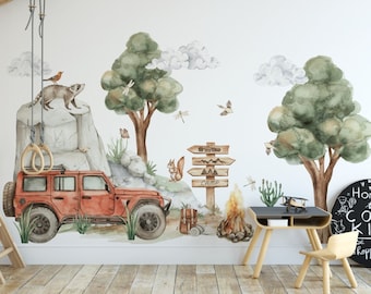 Wandaufkleber für ein Jungenzimmer, Jeep, Geländewagen, Bäume, Wald, Tiere, XL-Wandaufkleber Kinderzimmer