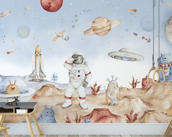 Space wallpaper for kids BLUE rockets stars astronaut planets / Space wallpaper for the wall