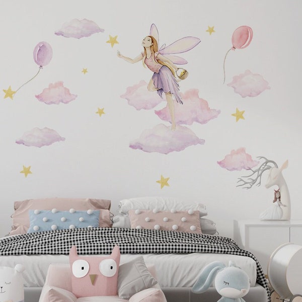 Fairy wall stickers for girls stars baloons clouds