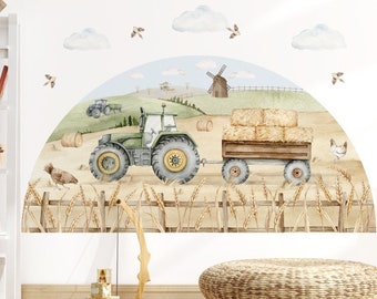 Wall stickers FARM TRACTOR WITH TRAILER straw combine harvester clouds