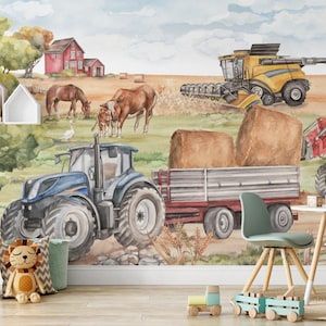 FARM-Tapete für Kinderzimmer. Bauernhof-Tapete für die Wand für ein Kinderzimmer, Traktor, Mähdrescher, Tiere