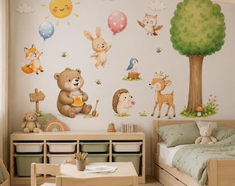 Nursery woodland wall stickers XL, teddy bear deer and fox self adhesive stickers for children room