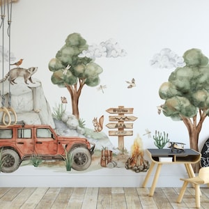 Adesivi murali per la stanza di un ragazzo, jeep, fuoristrada, alberi, foresta, animali, decalcomania murale XL