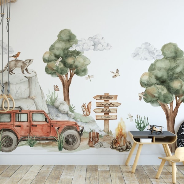 Autocollants muraux pour une chambre de garçon, jeep, voiture tout-terrain, arbres, forêt, animaux, salle de pépinière à décalcomanies murales XL