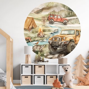 Naklejki na ścianę jeep w leśnym cempingu offroad naklejka do pokoju dziecka