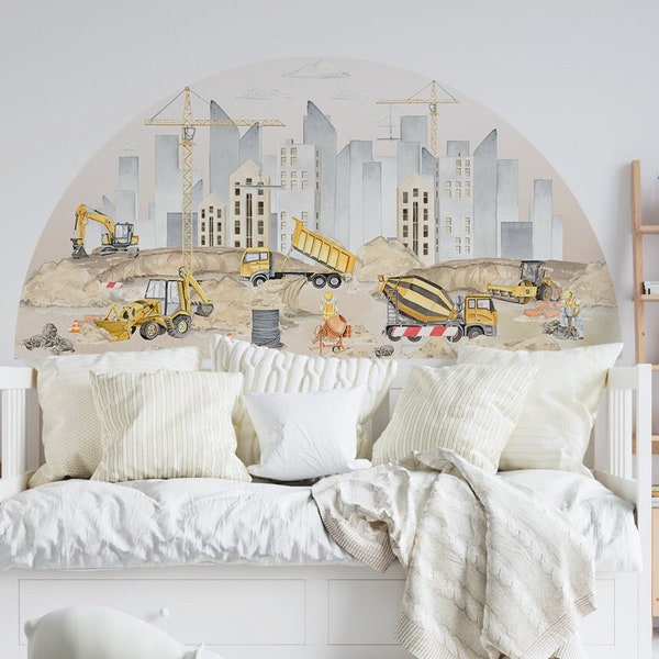 Children's wall stickers construction machinery at the construction site excavator crane concrete mixer roller