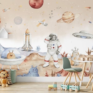 Wallpaper for kids beige planets astronaut stars rocket / Space wallpaper for kids beige planets astronaut stars rocket
