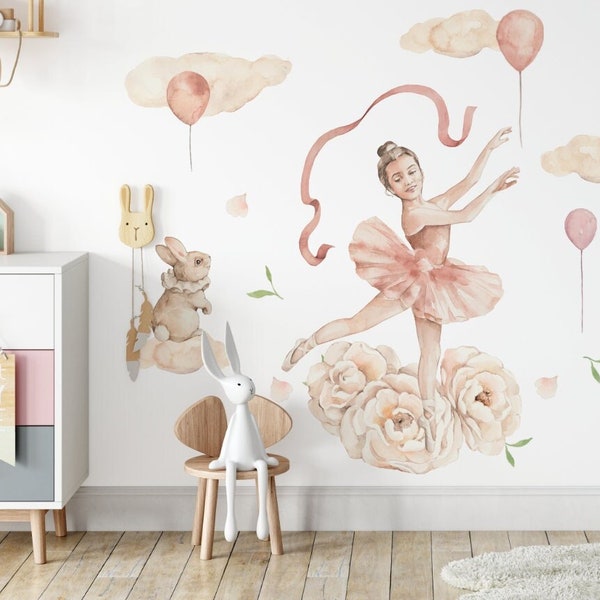 Ballerina wall stickers with clouds ballons and flowers wall decal for girl rooms