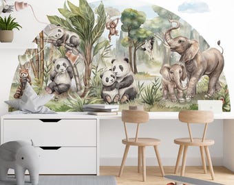 Jungle Safari Wall Sticker with Pandas and Elephants – Kids Room Decor, Nursery Wall Mural, Animal Theme Wall Decal