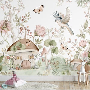 Princess wallpaper for girls room FLORAL BIRDS delicate pink