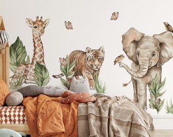 Safari Wall Stickers for Kids XL Elephant Giraffe Tiger Watercolor