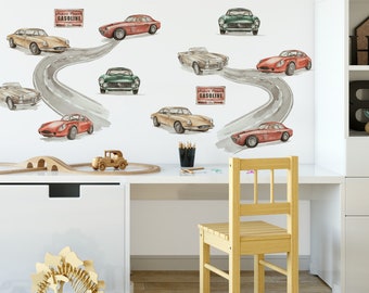 Naklejki na ścianę z SAMOCHODAMI RETRO droga akwarela vintage cars wall sticker