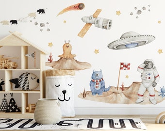 Space wall sticker fo kids room, Astronaut planets comet stars spaceship rocket wall decal