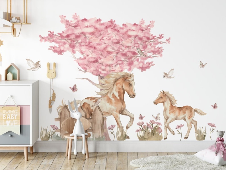 Stickers muraux fille CHEVAUX PAPILLONS FLEURS / Stickers muraux fille chevaux papillons fleurs image 1