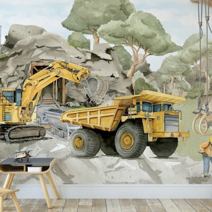 Carta da parati da muro COSTRUZIONE per la stanza di un ragazzo bulldozer ESCAVATORE CON RIBALTABILE