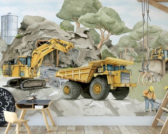 Papier peint mural CONSTRUCTION pour chambre de garçon DUMPER TRUCK EXCAVATOR bulldozer